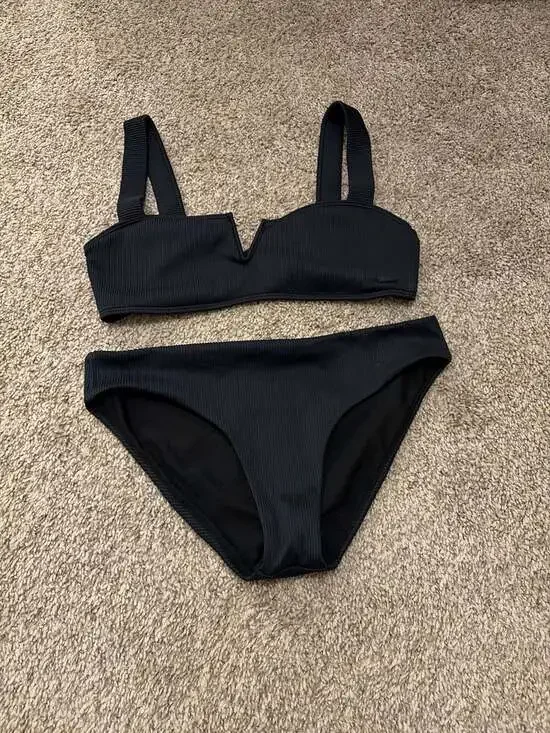 Roxy Love The Ribbed Chloe V-Notch Bikini Set in Black - Picture 1 of 5